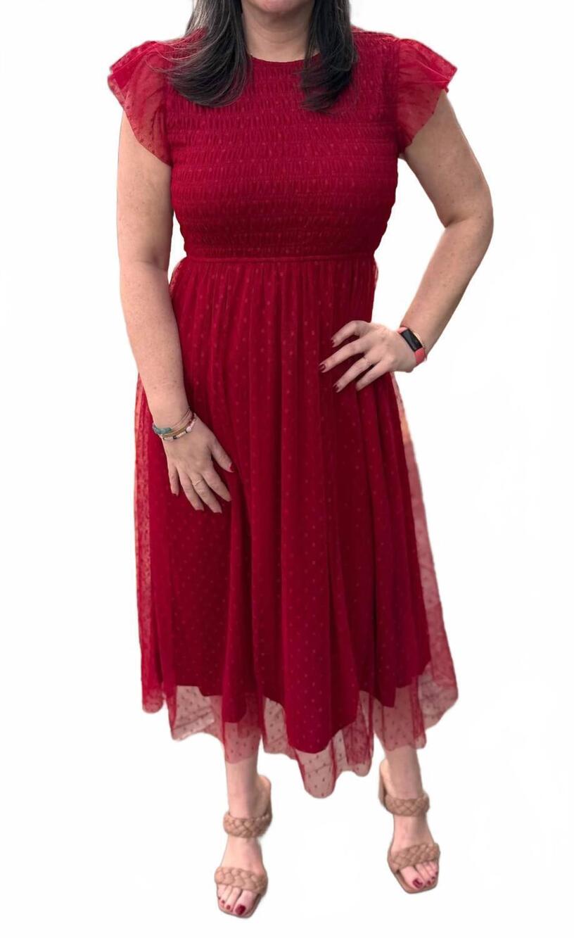 NEW BLU PEPPER polka dot chiffon smocked midi dress in red